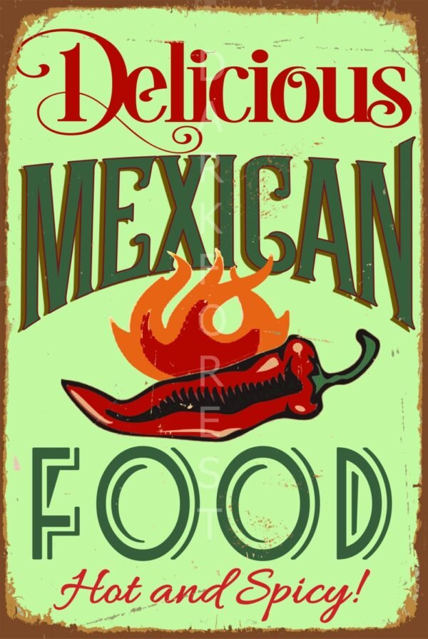 Vintage tin sign - Open sign - Raster version. Διακοσμητικό πινακάκι τοίχου- Mexian food- PKIT-066